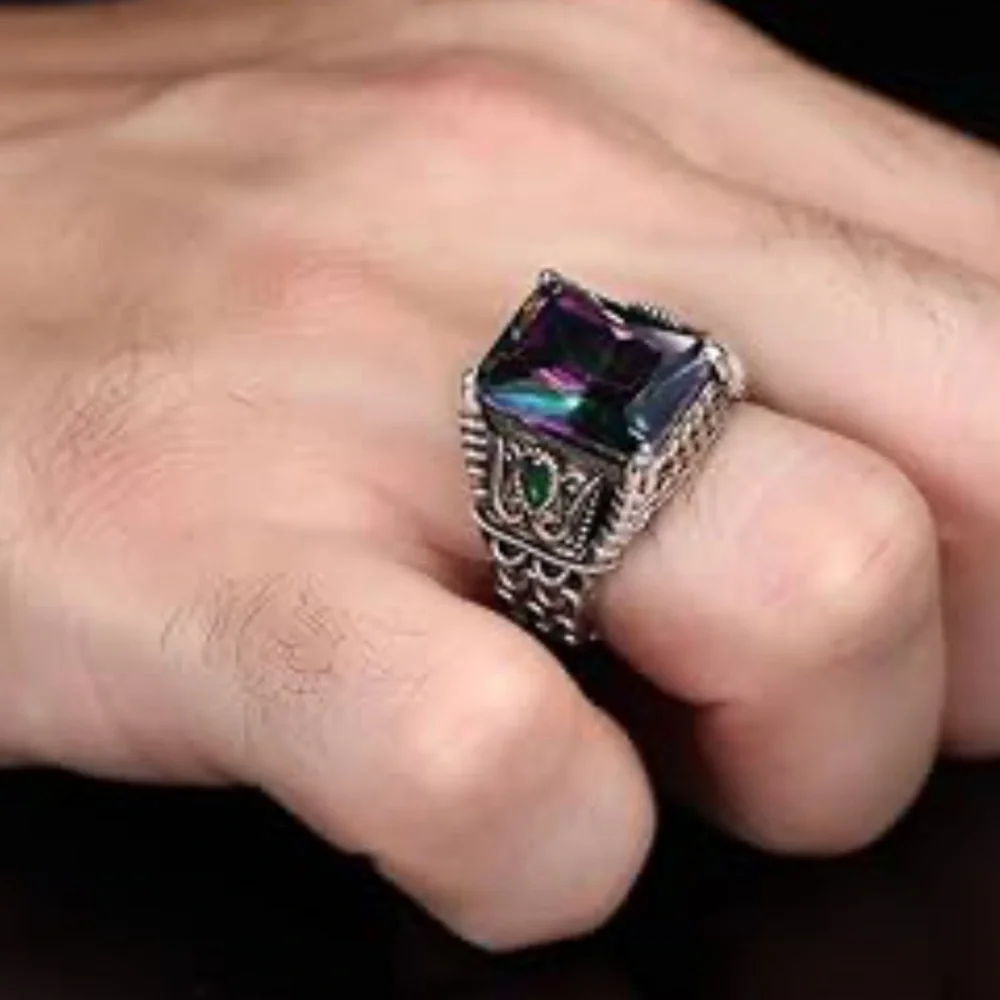 New! Men vintage signet Multicolor Gemstone Statement Ring
